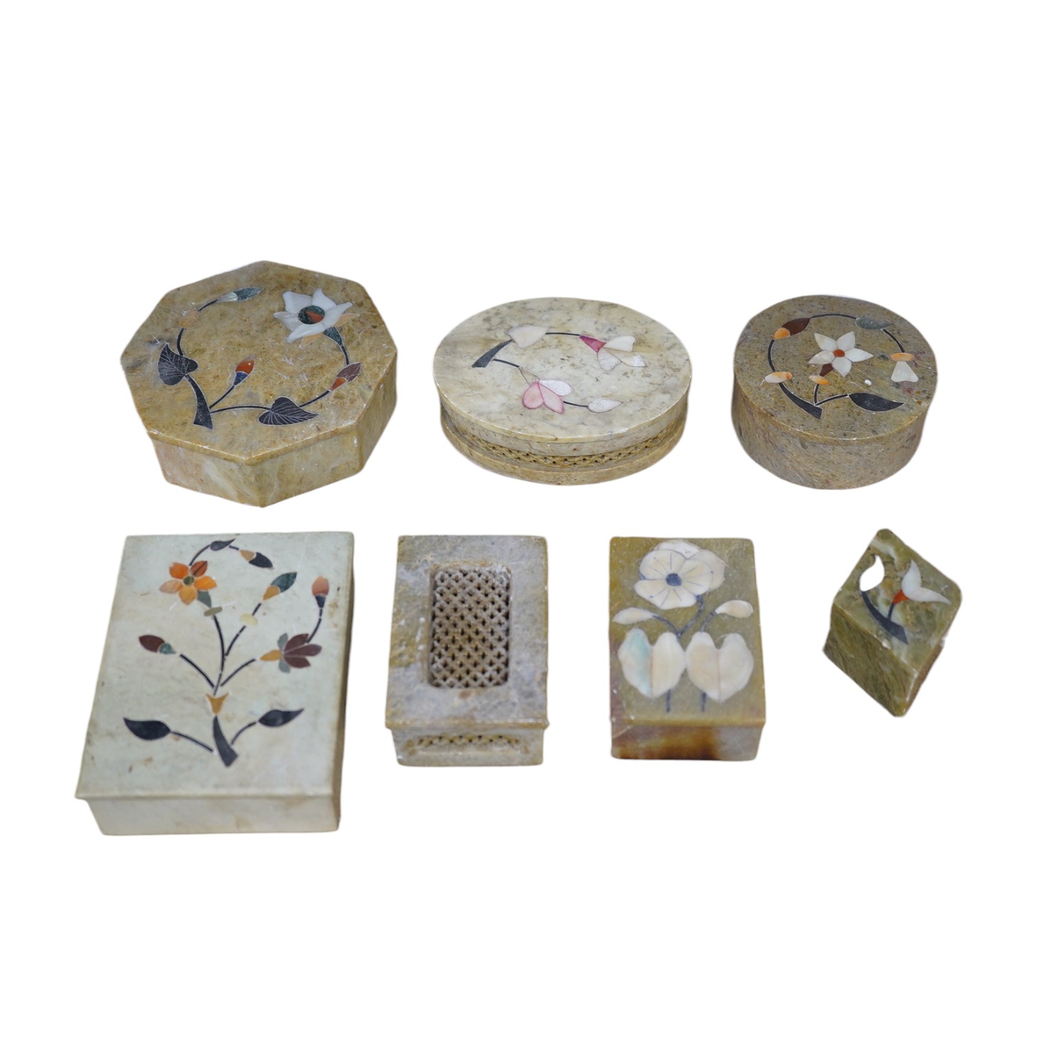 A group of assorted Indian soap stone pietra dura floral inlaid boxes, largest 10.5cm wide. Condition - good